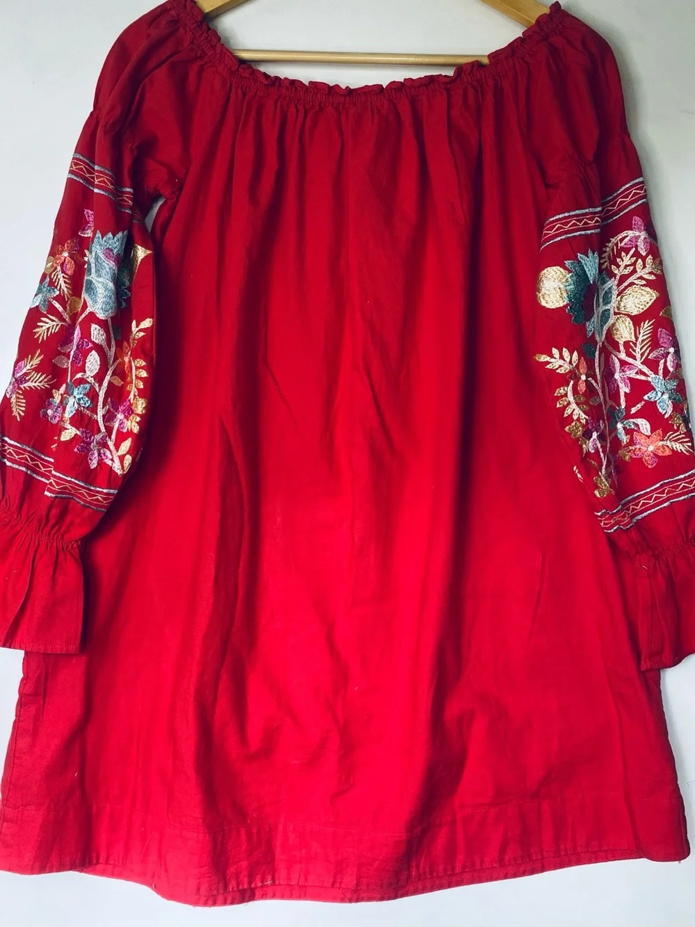 Free People Fleur Du Jour Mini Dress Red Embroidered Off Shoulder Boho Peasant M - Picture 4 of 9